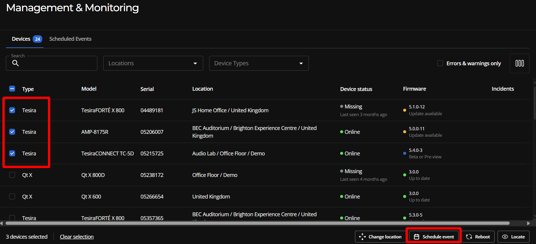 Selected Management & Monitoring screen